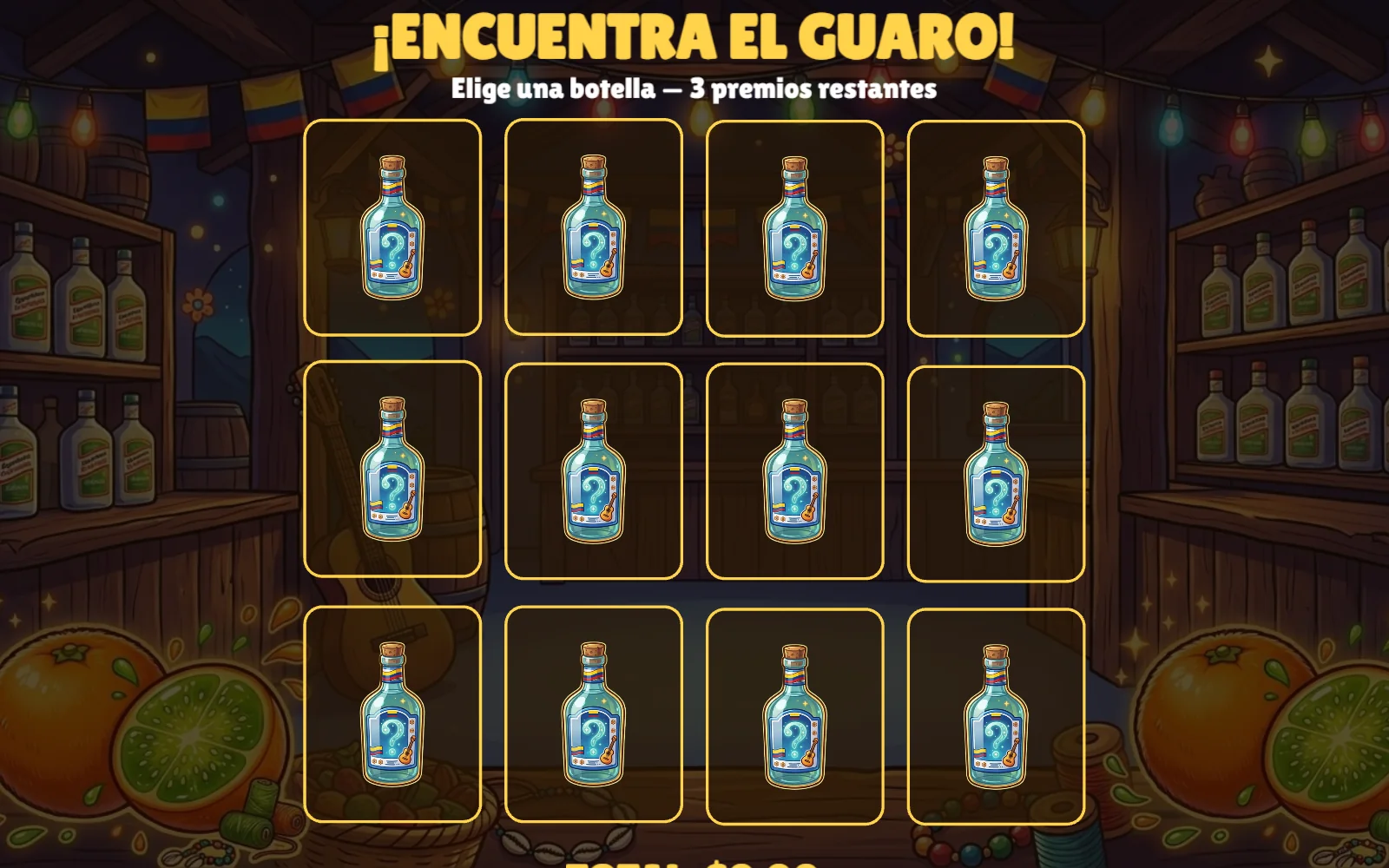 Pantalla del bonus: doce botellas de guaro para elegir en una tienda de pueblo, con tres premios restantes